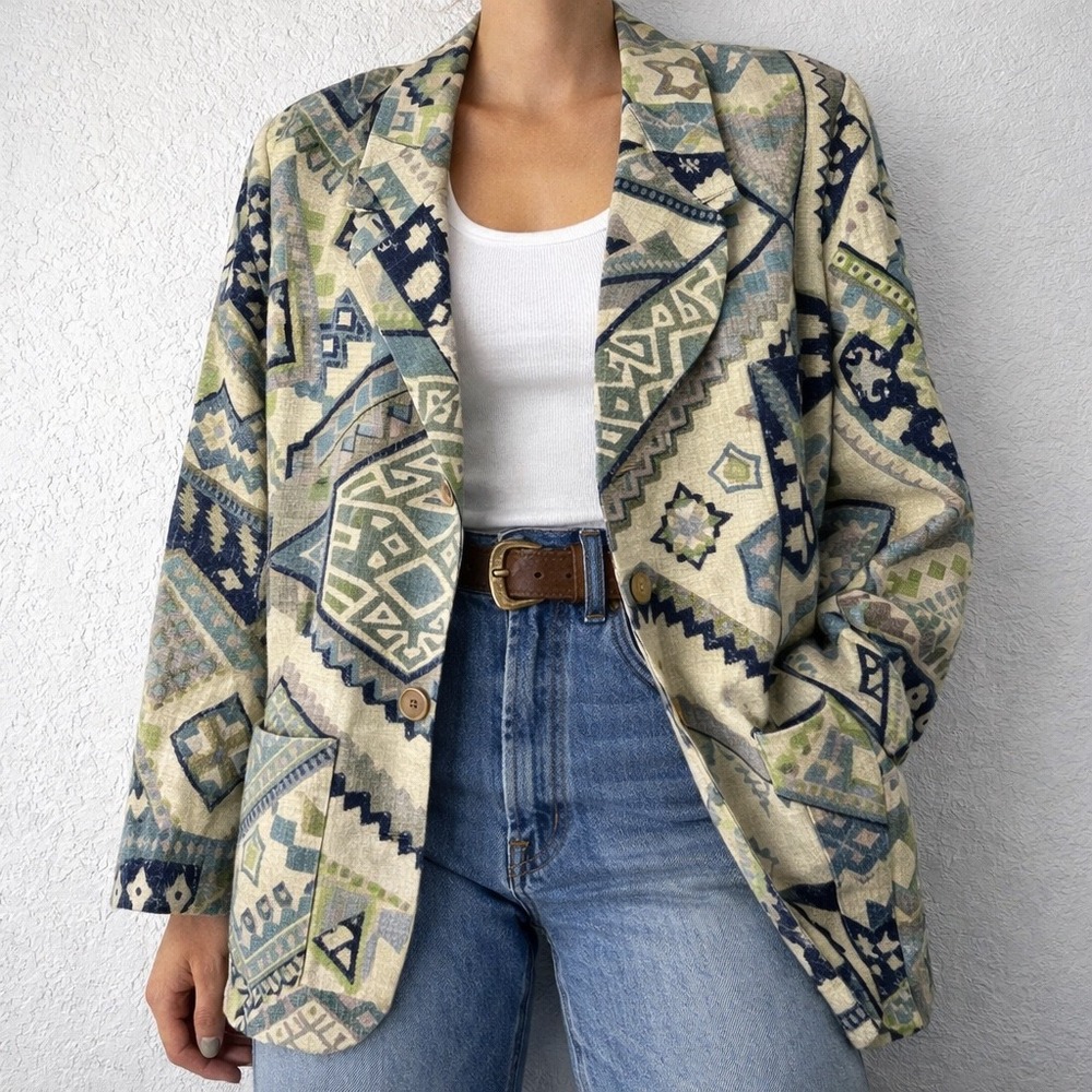 Vintage 90s Danielle B Southwestern Tapestry Linen Oversized Blazer Size MED‎